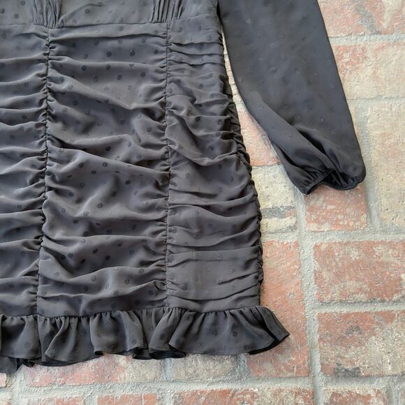 Privacy Please Arielle Black Polka Dot Dress Size L Sheer Ruffle Ruched Mini - Picture 3 of 9